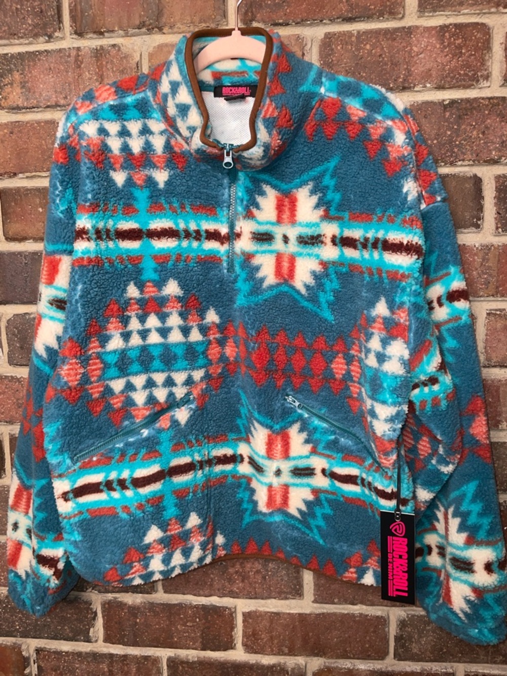 Rock And Roll Denim Aztec Sherpa 3/4 Zip pullover NWT SIZE L - Picture 1 of 8